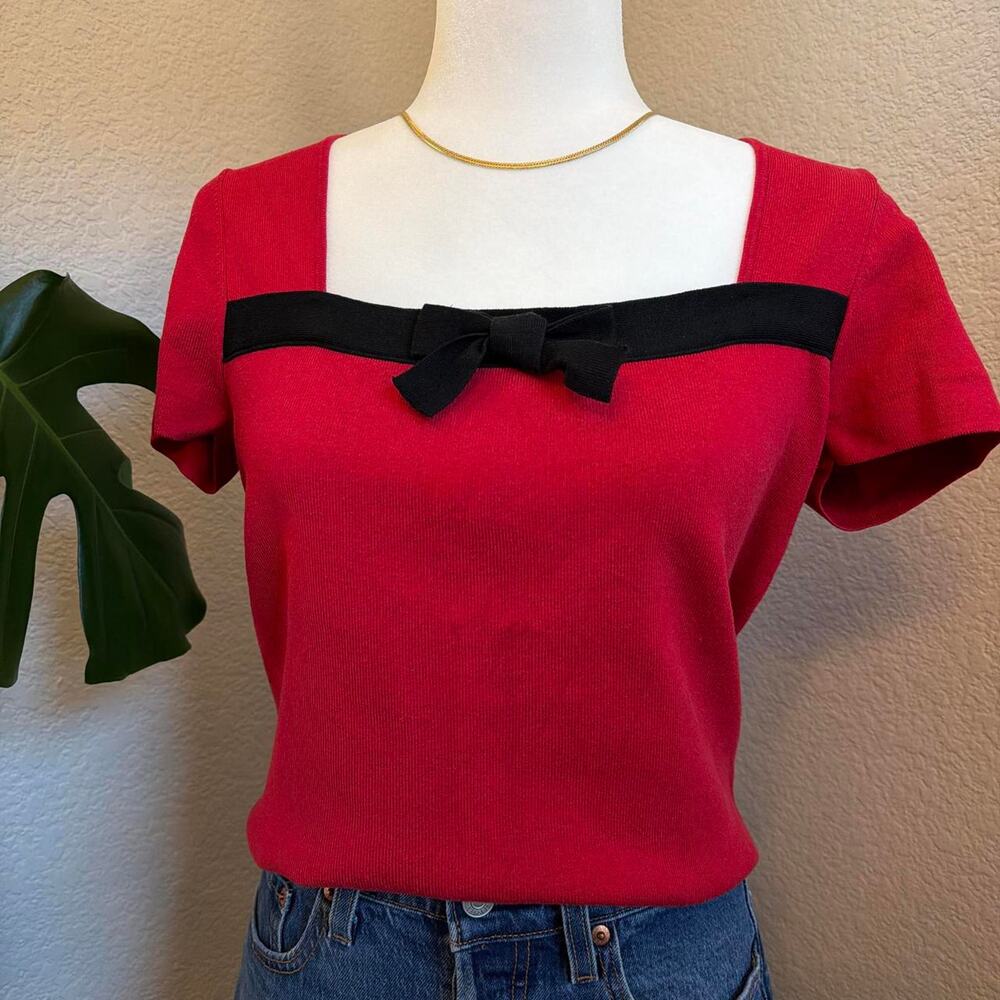 Red Knit Bow Top Coquette Y2K Balletcore Silk Blend